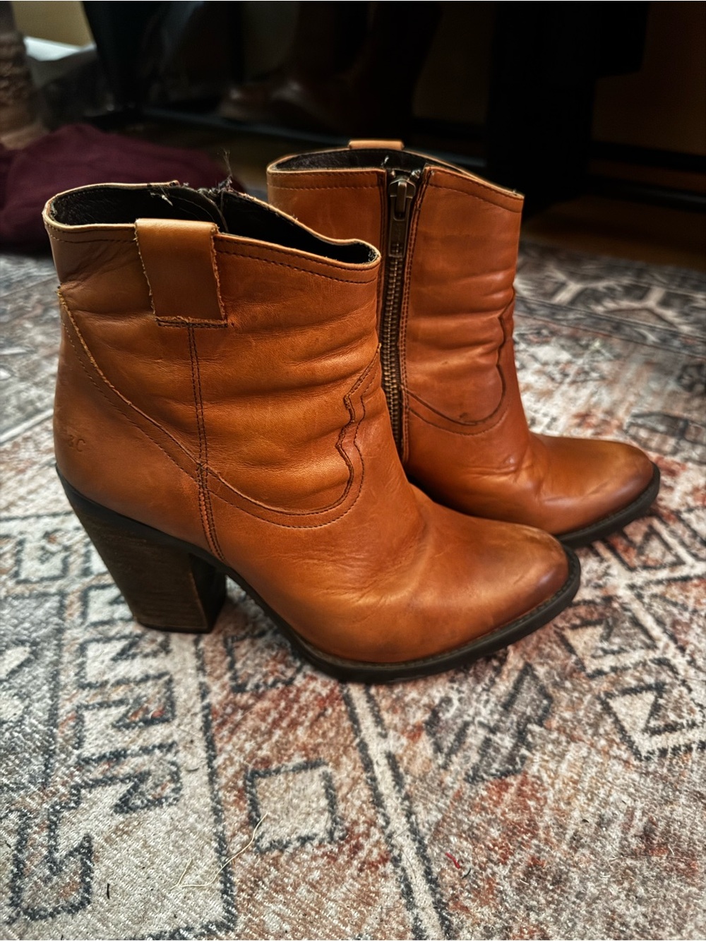Women's Tan Leather Ankle Boots with Block Heel